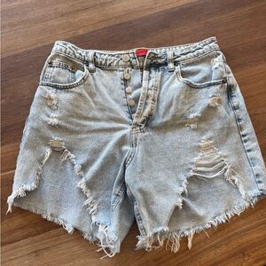 Signature High-Waist Distressed Light Wash Denim Shorts